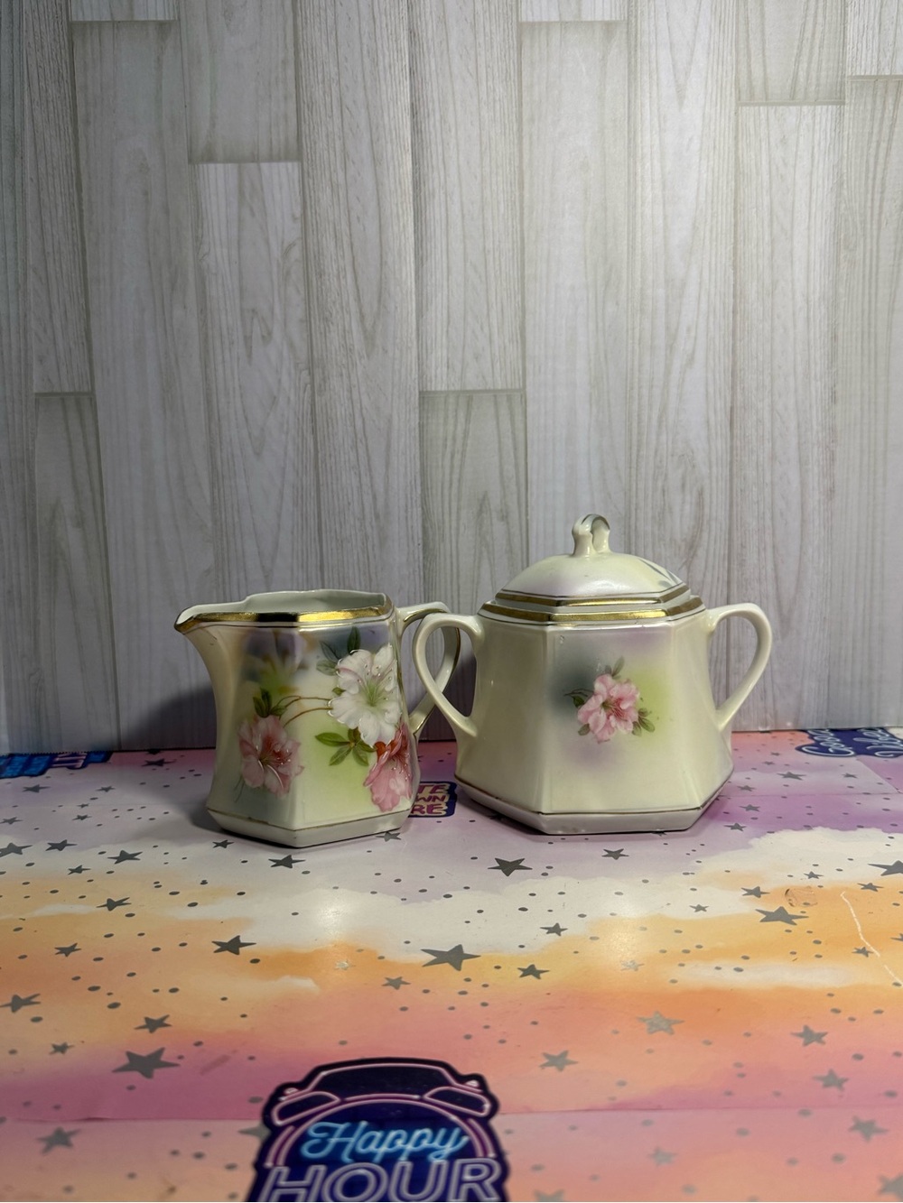 Vintage Made in Germany Floral Creamer & Covered Sugar Bowl Set Gold Trim
